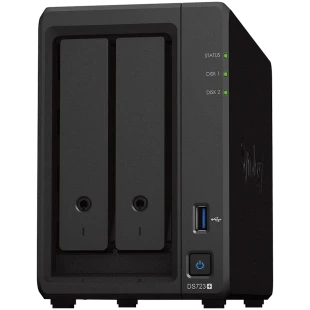 Synology DS723+, Tower, 2-Bays 3.5'' SATA HDD/SSD, 2 x M.2 2280 NVMe SSD, CPU AMD Ryzen R1600 dual-core (4-thread), max. boost up to 3.1 GHz, 2 GB DDR4 ECC SODIMM, 2 x 1GbE RJ-45, 1 X USB 3.2, 1 x eSATA, 1.51 kg, 3y