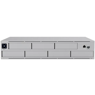 Ubiquiti UNAS-Pro-EU 2U rack-mount NAS with (7) 2.5/3.5" drive bays and 10 Gbps performance designed for large-scale file storage and sharing, (7) 2.5/3.5" HDD / SSD support, 10G SFP+ uplink and (1) GbE RJ45 port