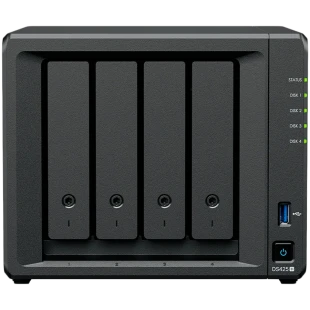 Synology DiskStation DS425+ Tower, 4-Bays 3.5'' SATA HDD/SSD, 2 x M.2 2280 NVMe SSD slot, CPU Intel Celeron J4125  4-core 2.0 GHz, 2 GB DDR4 non-ECC SODIMM, 1x RJ-45 2.5 GbE LAN, 1x RJ-45 1GbE LAN Port; 2x USB 3.2;  2.18 kg; 3yr warranty