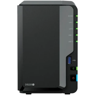 Synology DS225+, Tower, 2-bays 3.5'' SATA HDD/SSD, CPU Inte Celeron J4125 4-core (4-thread) 2.0 GHz, burst up to 2.7 GHz, 2 GB DDR4 non-ECC (expandable up to 6 GB), 1xRJ-45 1GbE LAN, 1xRJ-45 2.5 GbE LAN, 2xUSB 3.2 Gen 1, 1.3 kg, 3yr warranty