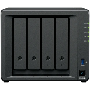 Synology DiskStation DS425+ Tower, 4-Bays 3.5'' SATA HDD/SSD, 2 x M.2 2280 NVMe SSD slot, CPU Intel Celeron J4125 4-core 2.0 GHz, 2 GB DDR4 non-ECC SODIMM, 1x RJ-45 2.5 GbE LAN, 1x RJ-45 1GbE LAN Port; 2x USB 3.2; 2.18 kg; 3yr warranty