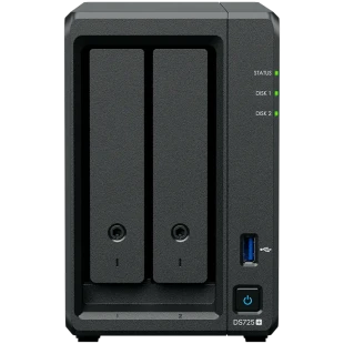 Synology DS725+, Tower, 2-Bays 3.5'' SATA HDD/SSD, 2 x M.2 2280 NVMe SSD, CPU AMD Ryzen R1600 dual-core (4-thread), max. boost up to 3.1 GHz, 4 GB DDR4 ECC SODIMM, 1 x 2.5 GbE, 1 x 1GbE, 1 x USB 3.2, 1 x eSATA USB-C, 1.51 kg, 3y