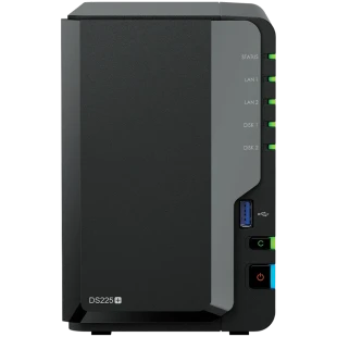 Synology DS225+, Tower, 2-bays 3.5'' SATA HDD/SSD, CPU Inte Celeron J4125 4-core (4-thread) 2.0 GHz, burst up to 2.7 GHz, 2 GB DDR4 non-ECC (expandable up to 6 GB), 1xRJ-45 1GbE LAN, 1xRJ-45 2.5 GbE LAN, 2xUSB 3.2 Gen 1, 1.3 kg, 3yr warranty
