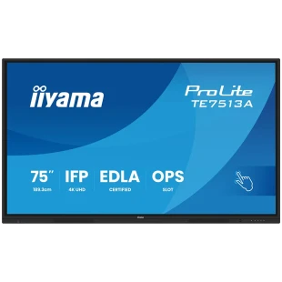Iiyama Prolite TE7513A-B2AG 75''UHD VA 3840x2160 400cd 1200:1 8ms Android 1, 8/128GB, 40-Points, VGA, HDMI 2x HDMI-out 2x USB-C, Audio mini-jack and Optical Out (S/PDIF), USB Touch Interface,  Landscape mode, Media Play USB Ports, AntiGlare Glass,LAN
