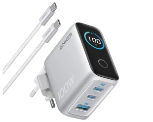 ANKER 100W GaN zidni brzi punjač, 3-porta (2x USB-C i 1x USB-A) sa USB-C M/M pletenim kablom, srebrni 