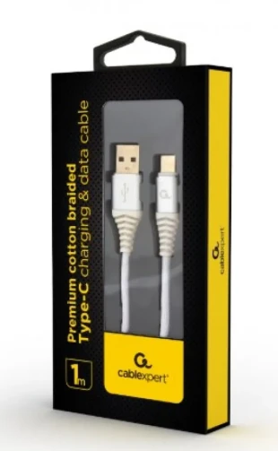 GEMBIRD CC-USB2B-AMCM-1M-BW2 Gembird Premium cotton braided Type-C USB charging -data cable,1m, silver/white