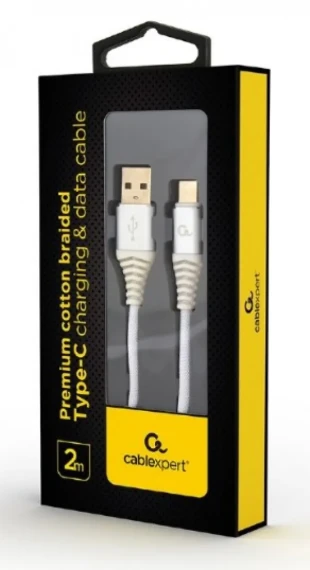 GEMBIRD CC-USB2B-AMCM-2M-BW2 Gembird Premium cotton braided Type-C USB charging -data cable,2m, silver/white