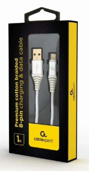 GEMBIRD CC-USB2B-AMLM-1M-BW2 Gembird Premium cotton braided 8-pin charging and data cable, 1m, silver/white