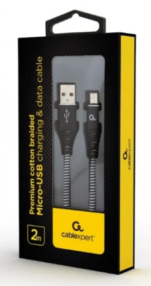 GEMBIRD CC-USB2B-AMmBM-2M-BW Gembird Premium cotton braided Micro-USB charging - data cable,2m, black/white