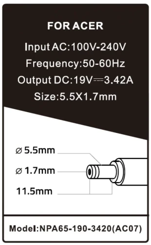 GEMBIRD NPA65-190-3420 (AC07) ** Gembird punjac za laptop 65W-19V-3.42A, 5.5x1.7mm yellow (679 Alt=AC09)