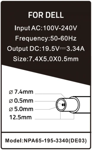 GEMBIRD NPA65-195-3340 (DE03) **Gembird punjac za laptop 65W-19.5V-3.34A, 7.4x5.0mm black PIN (769 Alt=DE10)