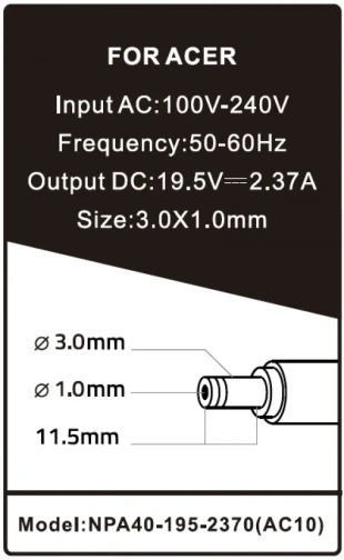 GEMBIRD NPA40-195-2370 (AC10) ** Gembird punjac za laptop 40W-19.5V-2.37A, 3.0x1.1mm black (679 alt=AC08)