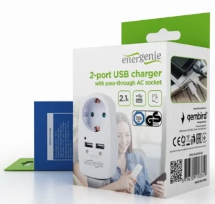 GEMBIRD EG-ACU2-02 Gembird 2-portni USB punjac sa prolaznom AC uticnicom, 2,1 A, bela