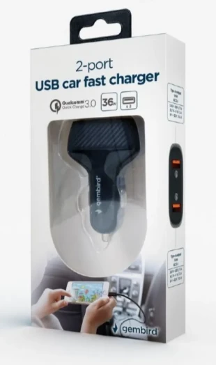 GEMBIRD TA-U2QC3-CAR-01 Gembird QC3.0 brzi auto punjac 2xUSB, 36W 3.6-6.5V/3A, 6.5-9V/2A, 9-12V/1.5A FO