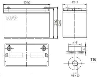 NPP NPG12V-100Ah, GEL BATTERY, C20=100AH, T16, 330x171x214x220, 27,3KG, Light grey