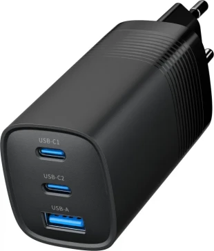 GEMBIRD TA-UC-PDQC65-01-BK Gembird 3-port 65W GaN USB PowerDelivery fast charger, black