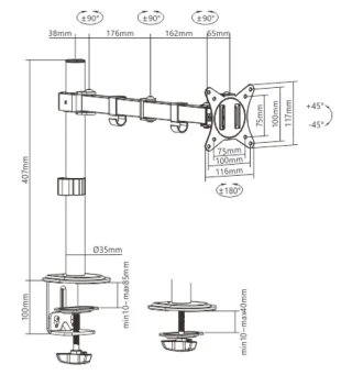 GEMBIRD MA-D1-01 Gembird Podesivi stoni drzac za monitor jedna ruka-Produzeni, tilt, 17-32 max.9kg