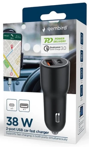 GEMBIRD TA-UC-AC2PDQC38-CAR-01 Gembird 2-port USB brzi punjac za auto, Type-C PD, 38W, black