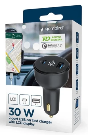 GEMBIRD TA-UC-AC2PD30LCD-CAR-01 Gembird 2-port USB brzi punjac za auto, Type-C PD, LCD, 30W, black