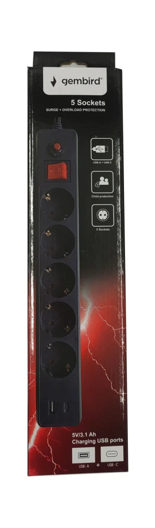 GEMBIRD SPG5-B-6(3G1.5)**Gembird produzni kabl sa zastitom 5 uticnica, 5V/3.1A USB-A+C 16A/3500W 1.8m (743)