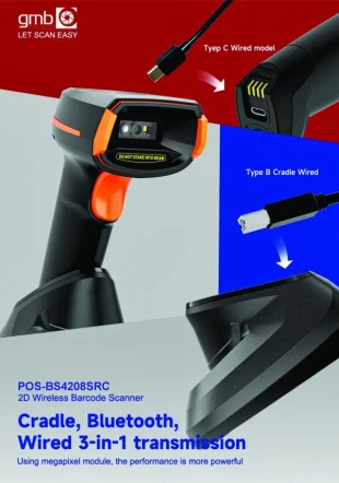 POS-BS4208SRC GMB 2d/OCR CMOS barcode scanner with CRADLE, barkod skener 2000mAh, 1MP, BT/WiFi
