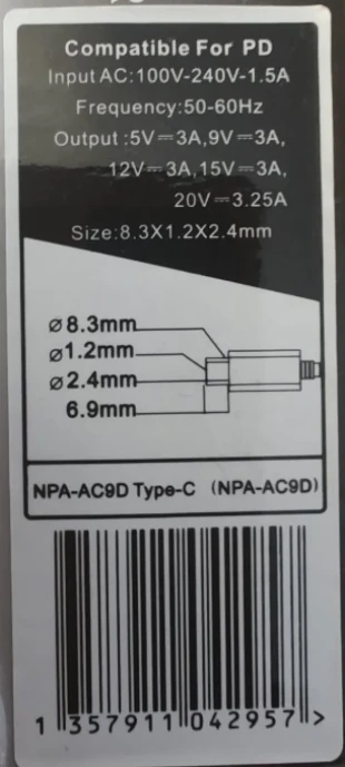 NPA-AC9D Gembird punjac za laptop 65W, kabl 2m USB-C, 5V/3A,9V/3A,12V/3A,15V/3A,20V/3.25A