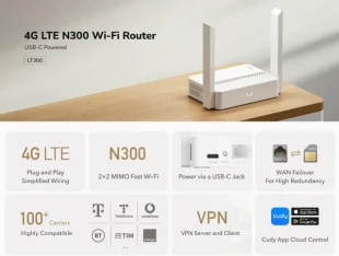 Cudy LT300 4G LTE N300 Wi-Fi Router,USB-C Power Input, 2.4GHz, 300Mbps