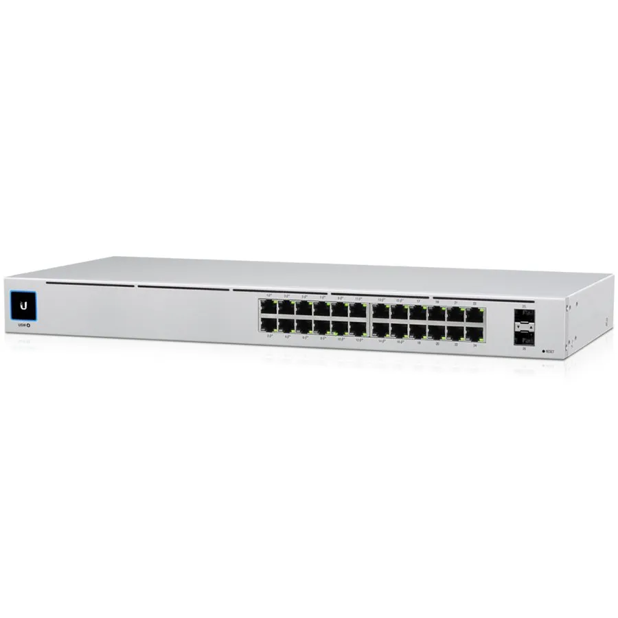 UBIQUITI Standard 24 PoE; (16) GbE PoE+, (8) GbE ports; (2) 1G SFP ports; 95W total PoE availability; Fanless, silent cooling. Slika 1