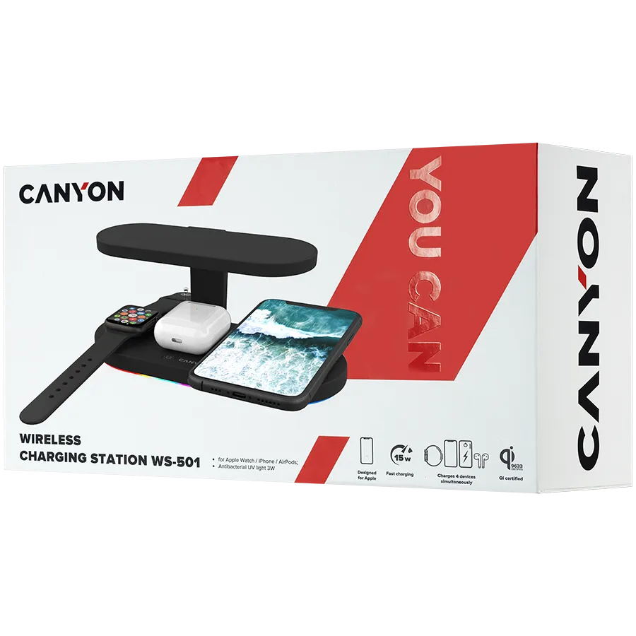 CANYON wireless charger WS-501 15W 5in1 UV Black Slika 8