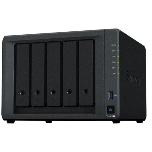 Synology DiskStation DS1522+,Tower, 5-Bay 3.5'' SATA HDD/SSD,2 x M.2 2280 NVMe SSD, CPU AMD Ryzen™ R1600 dual-core (4-thread) 2.6 GHz, max. boost clock up to 3.1 GHz, 8GB DDR4 ECC SODIMM, 4 x 1Gbe, 2xUSB 3.2, 2 x eSATA, 2.7 kg, 3y Slika 1