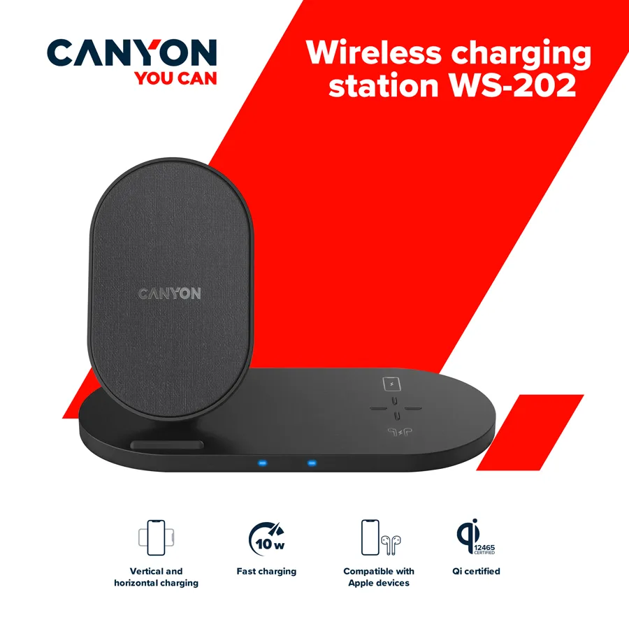 CANYON wireless charger WS-202 10W 2in1 Black Slika 4