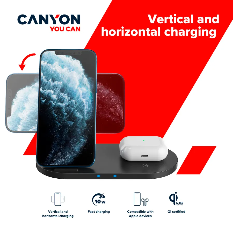 CANYON wireless charger WS-202 10W 2in1 Black Slika 5