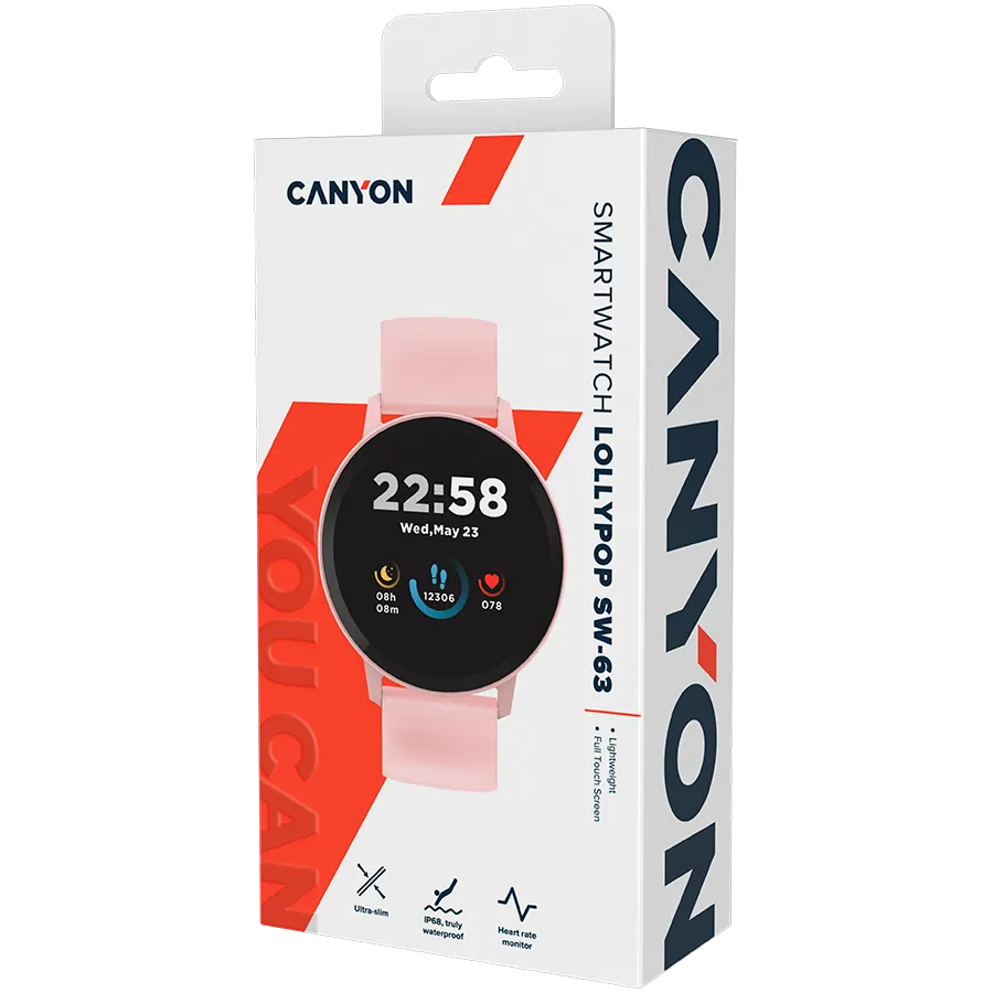 CANYON Lollypop SW-63, Smart watch, 1.3inches IPS full touch screen, Round watch, IP68 waterproof, multi-sport mode, BT5.0, compatibility with iOS and android, Pink, Host: 25.2*42.5*10.7mm, Strap: 20*250mm, 45g Slika 6