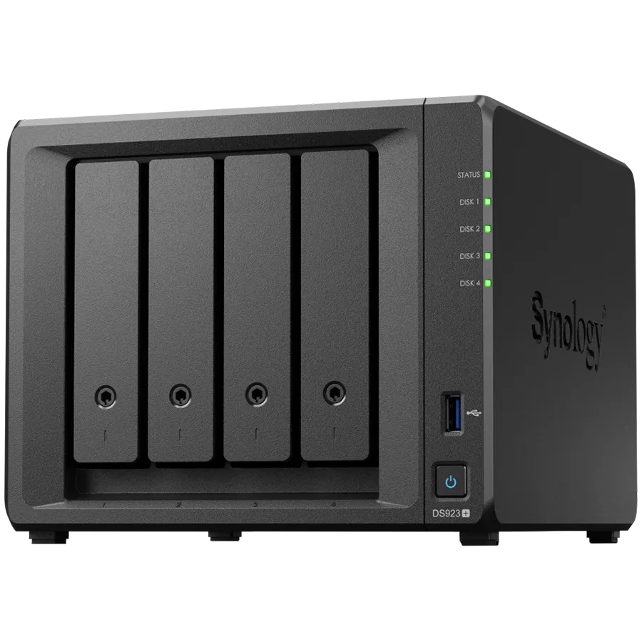 Synology DiskStation DS923+, Tower, 4-Bays 3.5'' SATA HDD/SSD, 2 x M.2 2280 NVMe SSD slot, CPU AMD R1600 2-core 2.6 (base) / 3.1 (turbo) GHz, 4 GB DDR4 ECC, 2x RJ-45 1GbE LAN Port; 2x USB 3.2; eSATA port; 2.24 kg; 3yr warranty Slika 1