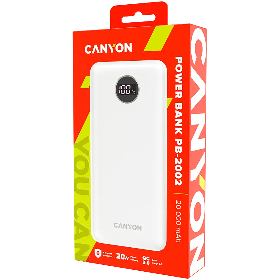 CANYON power bank PB-2002 LED 20000 mAh PD 20W QC 3.0 White Slika 4