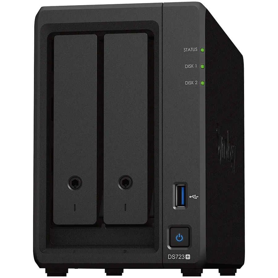 Synology DS723+, Tower, 2-Bays 3.5'' SATA HDD/SSD, 2 x M.2 2280 NVMe SSD, CPU AMD Ryzen R1600 dual-core (4-thread), max. boost up to 3.1 GHz, 2 GB DDR4 ECC SODIMM, 2 x 1GbE RJ-45, 1 X USB 3.2, 1 x eSATA, 1.51 kg, 3y Slika 1