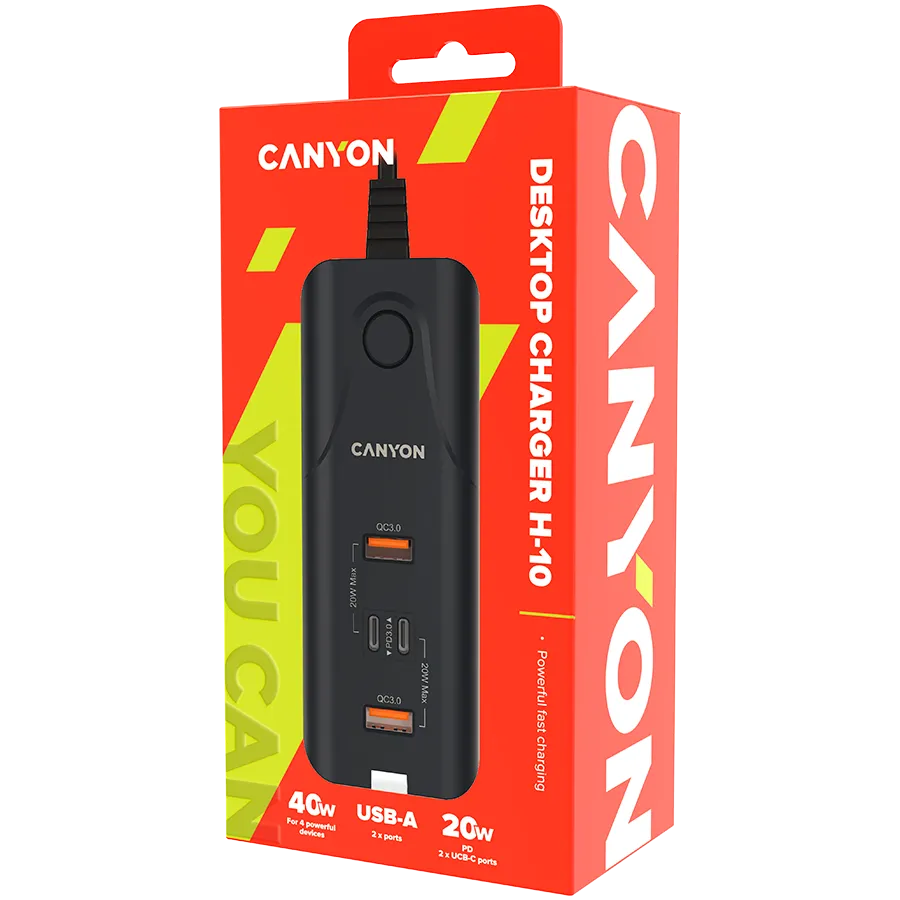 CANYON charger H-10 PD 20W QC 3.0 18W 2USB-A 2USB-C Desk Black Slika 2