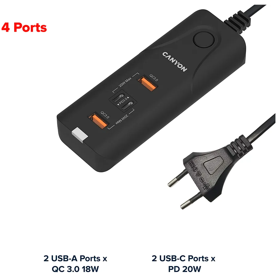 CANYON charger H-10 PD 20W QC 3.0 18W 2USB-A 2USB-C Desk Black Slika 3