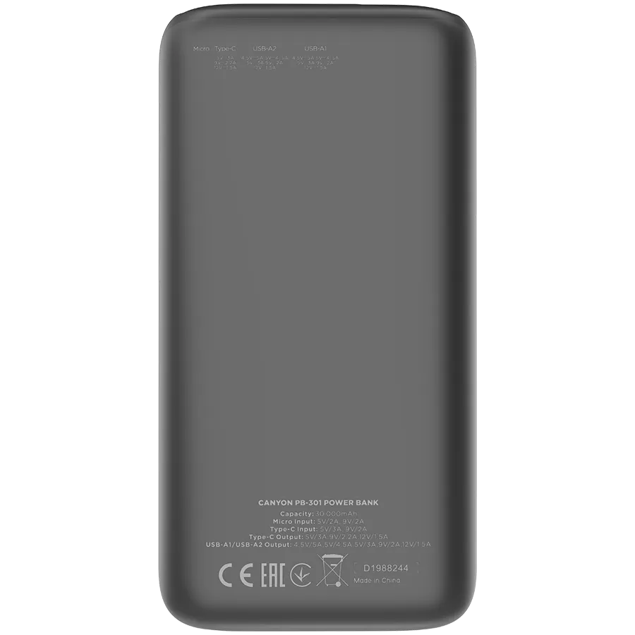 CANYON power bank PB-301 LED 30000 mAh PD 20W QC 3.0 Black Slika 2