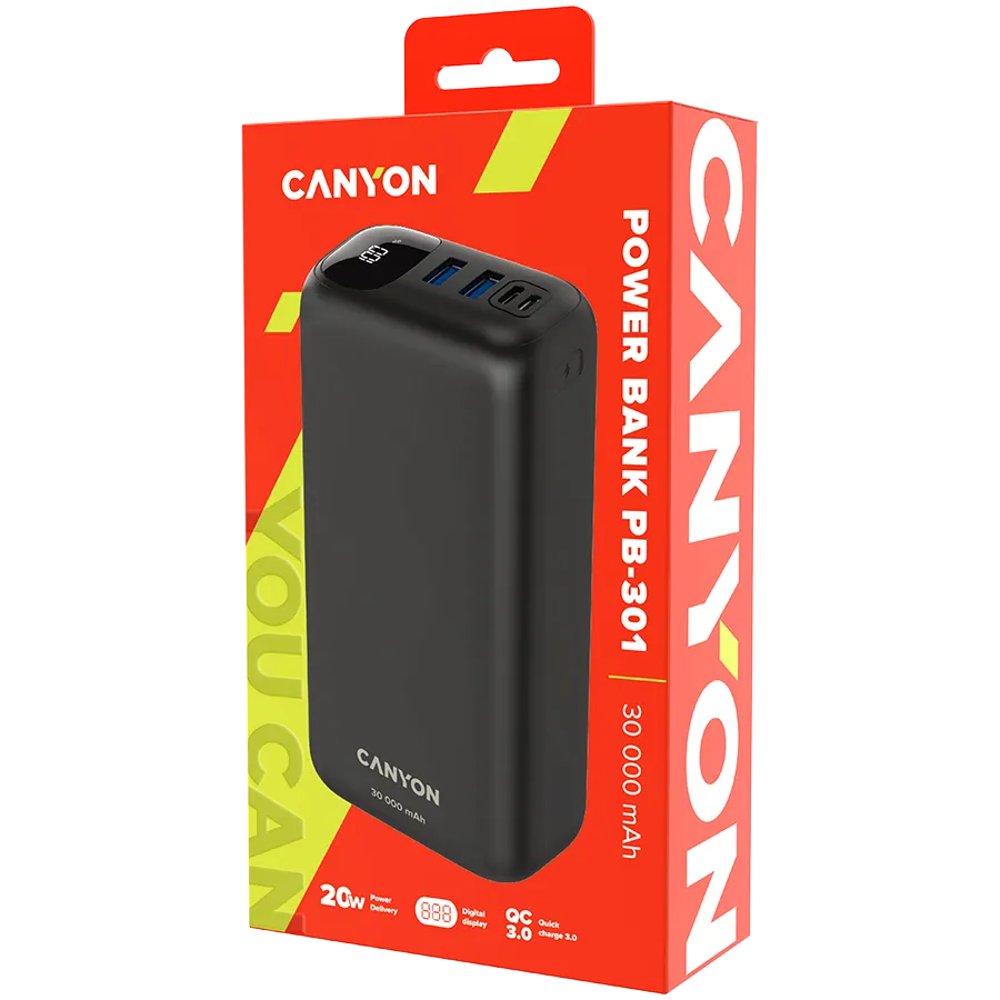 CANYON power bank PB-301 LED 30000 mAh PD 20W QC 3.0 Black Slika 4