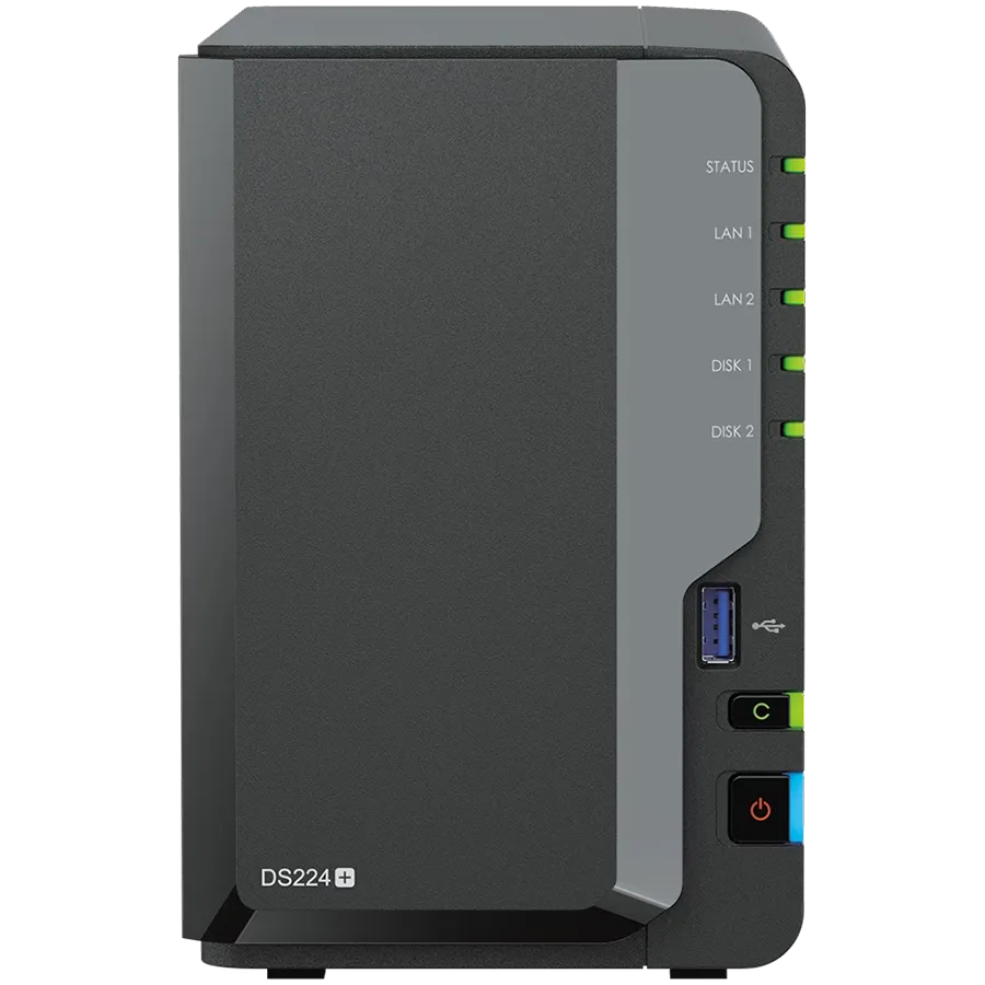 Synology DS224+,Tower, 2-bays 3.5'' SATA HDD/SSD, CPU Intel Celeron J4125 4-core (4-thread) 2.0 GHz, burst up to 2.7 GHz; 2GB DDR4 (expandable up to 6 GB) ; 2 x RJ-45 1GbE LAN Ports; 2x USB 3.2 Gen 1; 1.3 kg; 2yr warranty