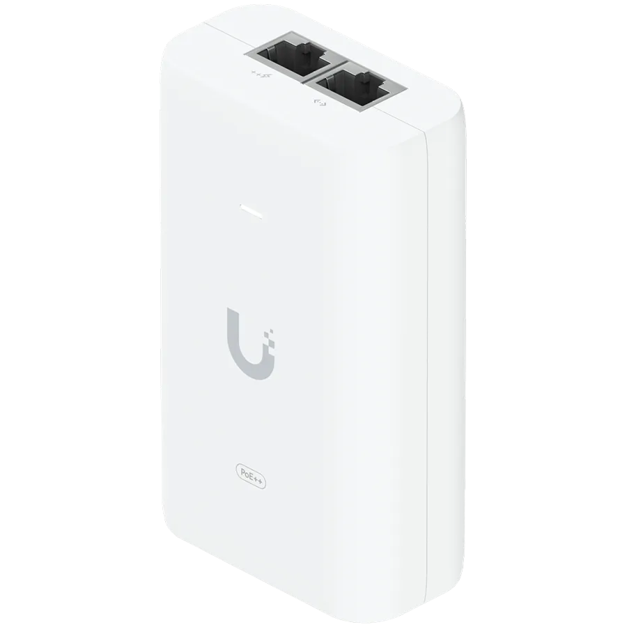 UBIQUITI PoE++ Adapter; Delivers up to 60W of PoE++; Surge, peak pulse, and overcurrent protection; Contains RJ45 data input, AC cable with earth ground, and PoE++ output; LED indicator for status monitoring. Slika 1