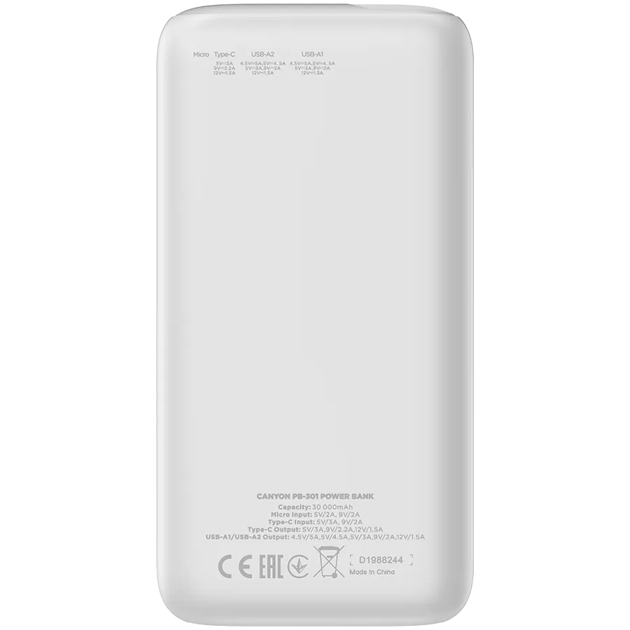 CANYON power bank PB-301 LED 30000 mAh PD 20W QC 3.0 White Slika 3