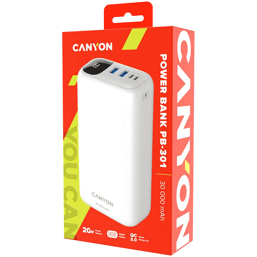 CANYON power bank PB-301 LED 30000 mAh PD 20W QC 3.0 White Slika 4