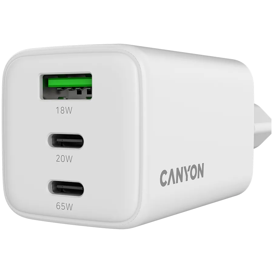 CANYON charger CU65ACC GaN 65W 2xPD 1xQC EU White Slika 5