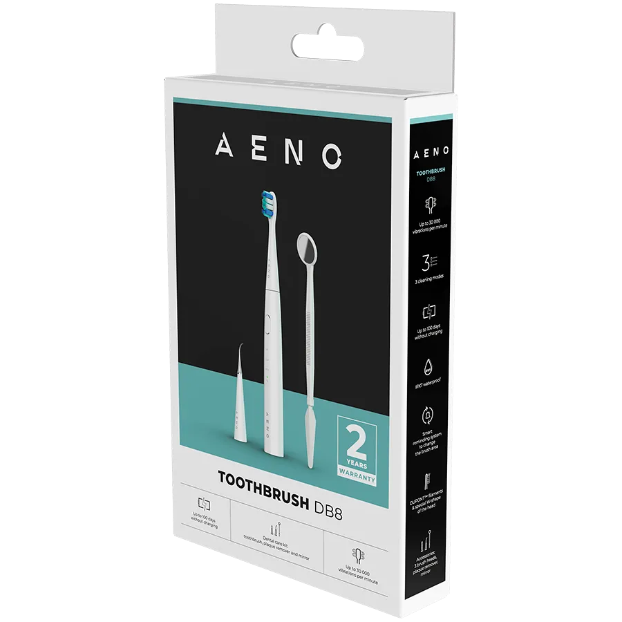 AENO Sonic Electric toothbrush, DB8: White, 3modes, 3 brush heads + 1 cleaning tool, 1 mirror,  30000rpm, 100 days without charging, IPX7 Slika 6