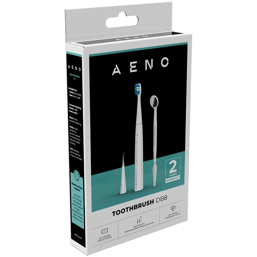 AENO Sonic Electric toothbrush, DB8: White, 3modes, 3 brush heads + 1 cleaning tool, 1 mirror,  30000rpm, 100 days without charging, IPX7 Slika 7