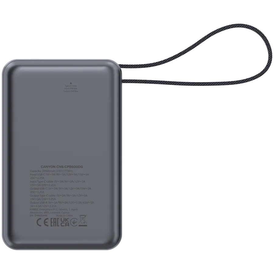 CANYON power bank OnPower 600 built-in cable 20000 mAh PD65W Dark Grey Slika 5