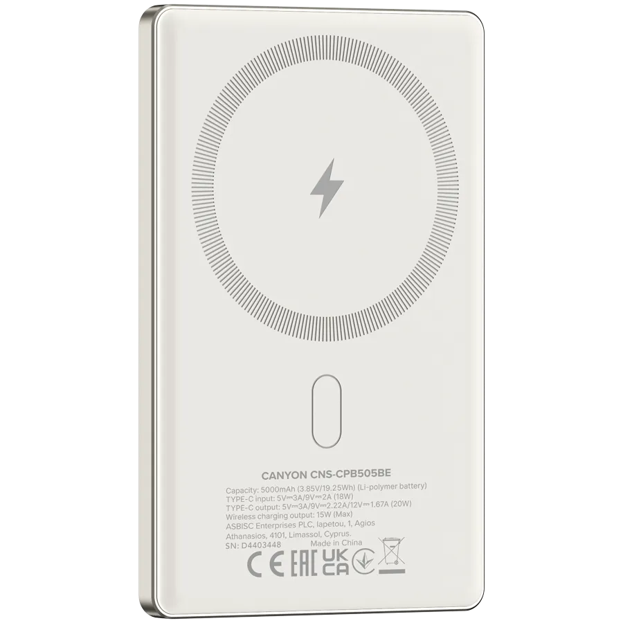 CANYON power bank OnPower 505 slim Magnetic 5000 mAh PD20W Beige Slika 4