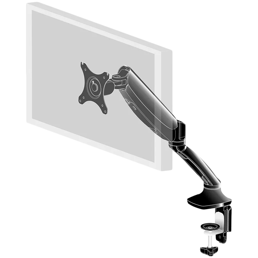 Flexible desk mount for single monitor with height adjustable gas spring. Deskmount with clamp or grommet. Monitor size 10~27", VESA 75x75 or 100x100mm, 1~5kg Slika 2